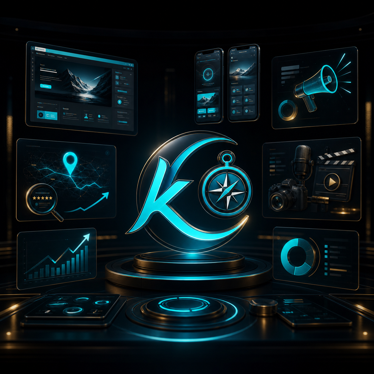 Studio stratégique Korek Digital Marketing avec sites web, applications mobiles, publicité et analytics