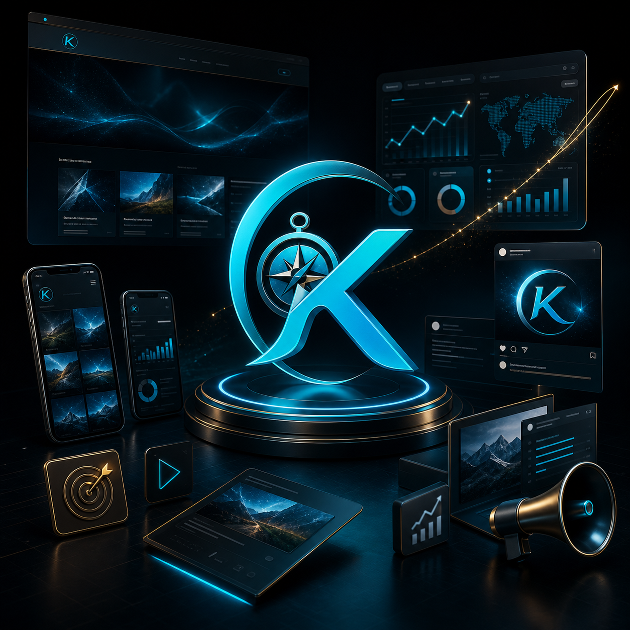 Visual premium Korek Digital Marketing avec sites web, applications mobiles et analytics